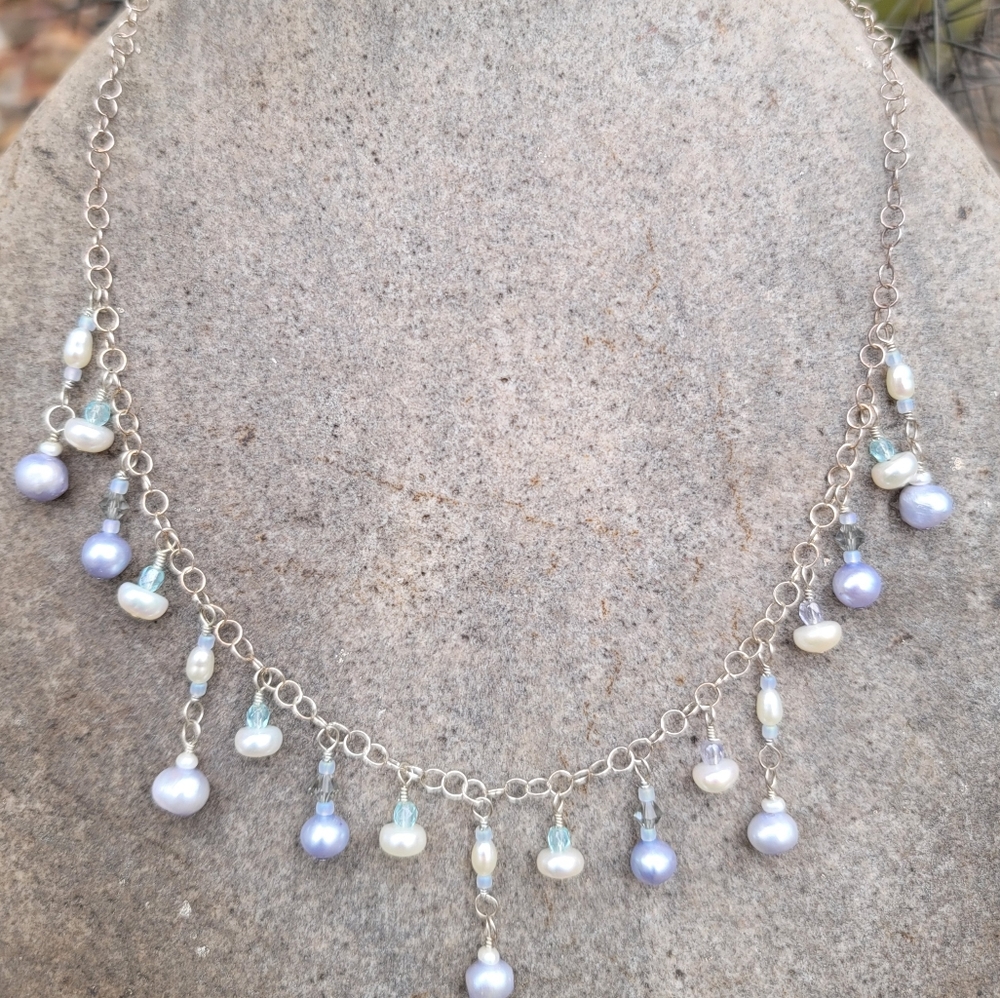 USA Handmade Necklace hand-wire-wrapped Freshwater pearl sterling silver & glass - Picture 4 of 7
